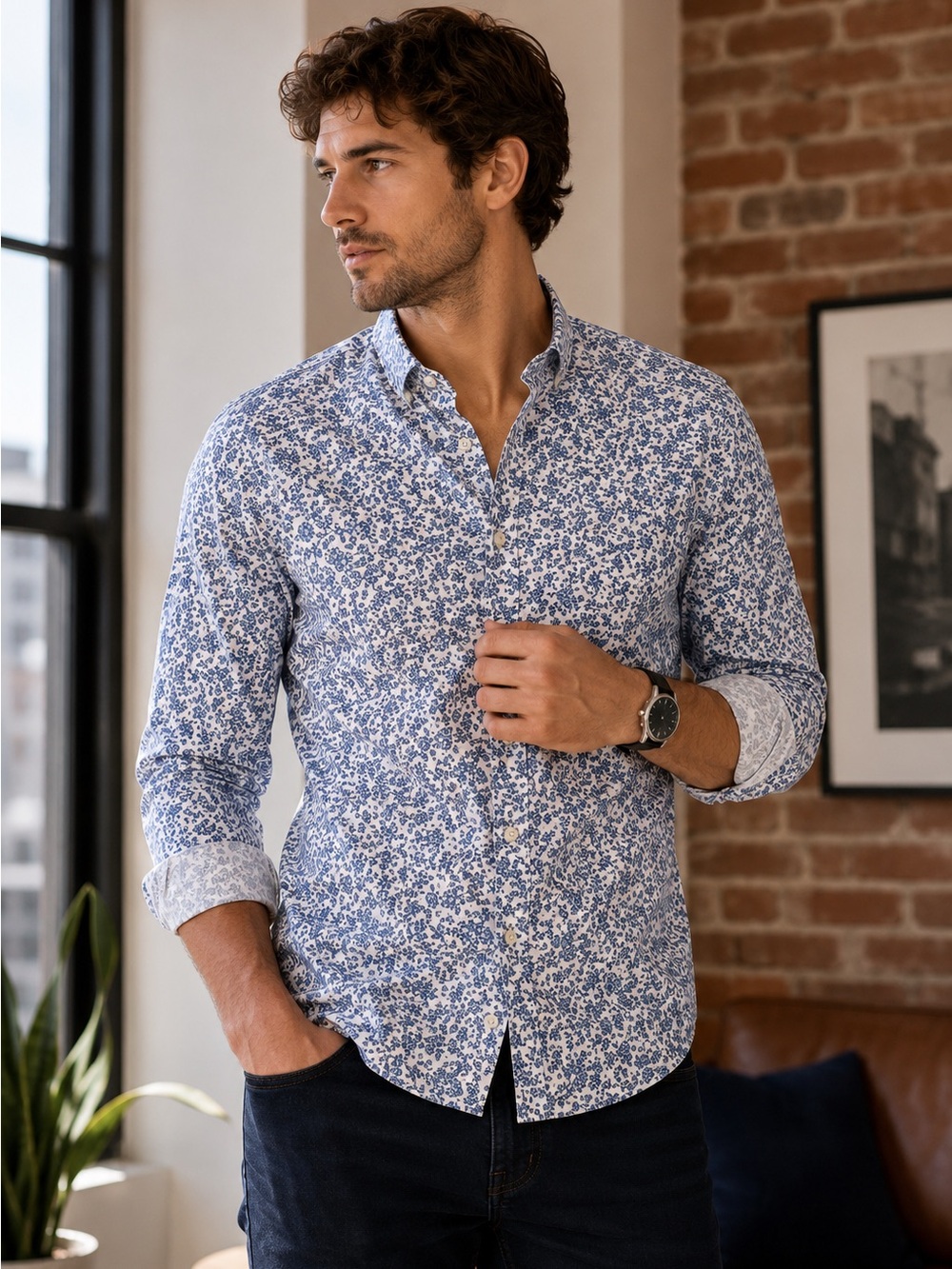 Express Men’s Extra Slim Blue Floral Button-Up Shirt - Size S